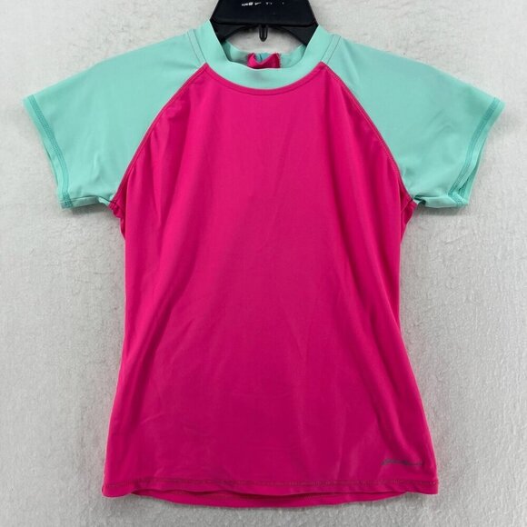 Eddie Bauer Rash Guard Swim Shirt Girls L (14/16) Pink Green Colorblock Coastal - Picture 1 of 12